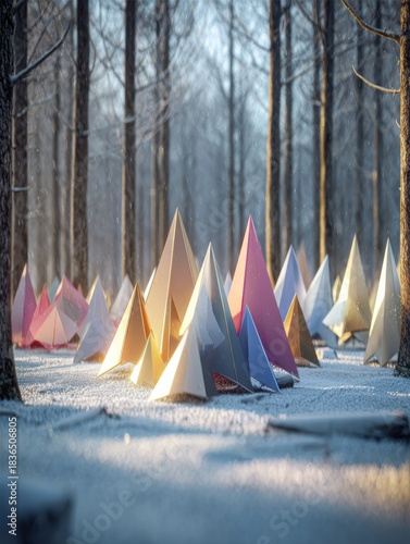 Geometric Shapes in Winter Forest Represent Christmas Trees During a Snowy Day