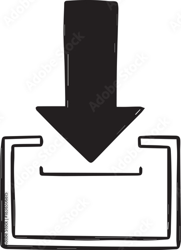 Hand-drawn simple arrow pointing into a box icon, doodle solid black on white, indicating import or entry, quick action sketch