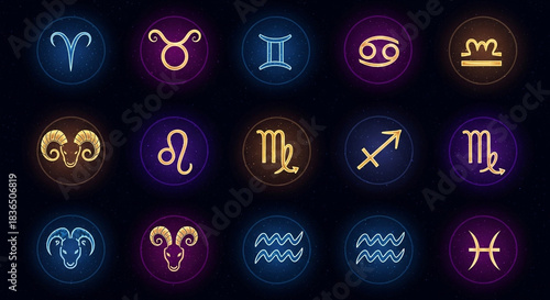 Stunning collection of glowing neon zodiac signs set against a deep, mysterious starry night sky background