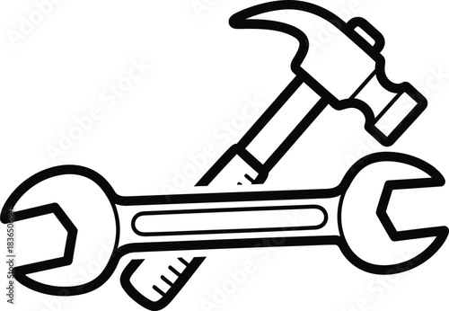 Doodle simple wrench and hammer icon, hand-drawn solid black on white, indicating construction or repair, quick tool sketch