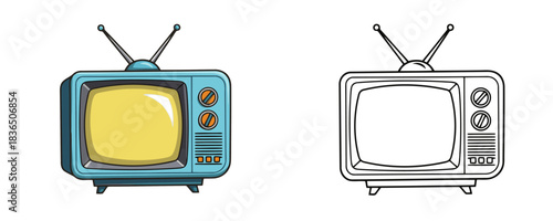 Vintage blue television colorful and black white outline cartoon drawing set with antenna and control buttons on white background