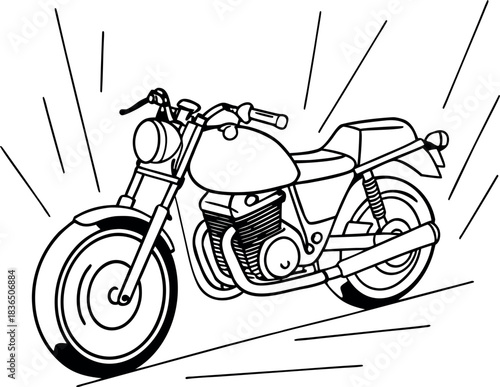 Detailed Line Art Drawing of a Classic Motorcycle or Cafe Racer Style Bike with Lines Indicating Speed