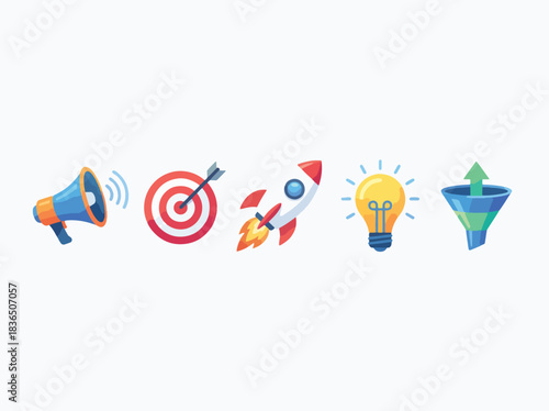 Creative business process icons representing promotion, goals, startup launch, innovation, and sales funnel