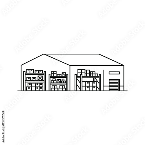 Warehouse storage building with shelves and boxes. Outline vector illustration of logistics and distribution facility.