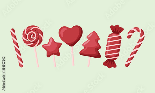 Collection of Red and White Striped Holiday Candies, Christmas Lollipops and Candy Canes on Pale Green Background, Cute Vector Illustration of Festive Sweets, Christmas and Holiday Red Candy Set.