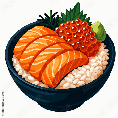 Fresh Salmon and Ikura Donburi Rice Bowl Delicious Japanese Seafood Cuisine Concept