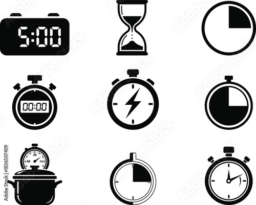 Vector illustration of various time keeping devices in black