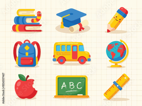 A vibrant collection of flat design education icons for back to school concepts, featuring a bus, backpack, books, and globe