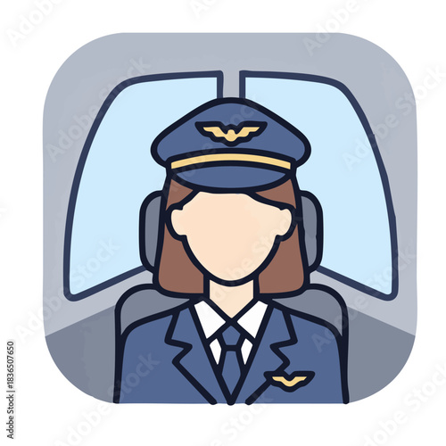 Faceless female airline pilot avatar in airplane cockpit, flat cartoon vector app icon
