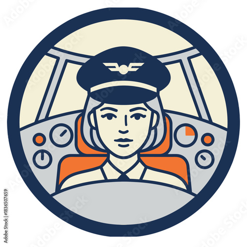 Female airline pilot with headset in airplane cockpit round cartoon vector icon

