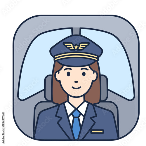 Female airline pilot in cockpit retro vector emblem or badge illustration
