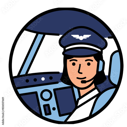A female pilot smiles confidently while operating an airplane cockpit with complex instruments and controls during daytime flight.