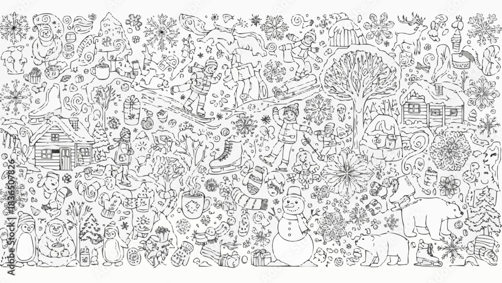Naklejka premium Intricate Winter Wonderland Christmas Doodle Pattern Illustration.