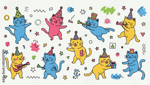 Cute Cartoon Cats Celebrating Party with Musical Instruments and Gifts.