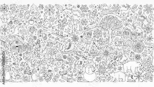 Intricate Winter Wonderland Christmas Doodle Pattern Illustration.