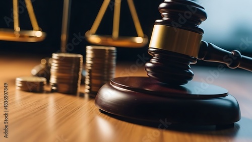 Gavel scales of justice and stacks of coins representing financial law