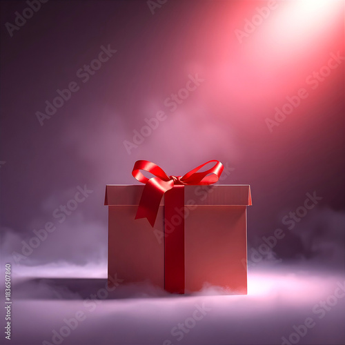 Kraft paper gift box with red bow in misty purple background