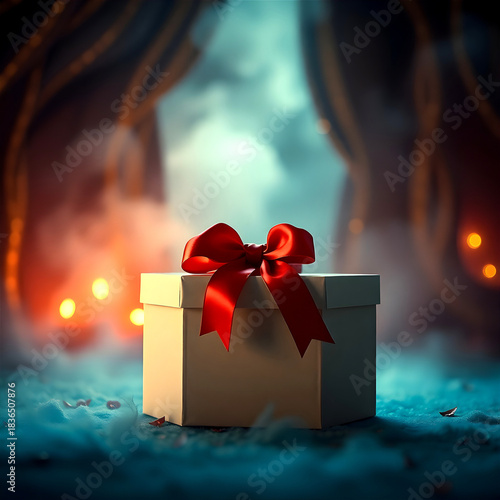 Polygonal kraft paper gift box with red bow in snowy setting