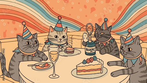 Four cats celebrating a birthday party with cake and champagne.