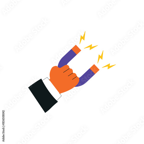 Hand Holding Horseshoe Magnet Vector Illustration. Inbound Marketing Concept Design