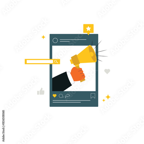 Hand Holding Megaphone on Social Media Screen Vector Illustration. Digital Marketing Concept Design