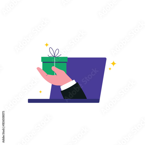 Hand Holding Gift Box from Laptop Screen Vector Illustration. Online Reward Concept Design