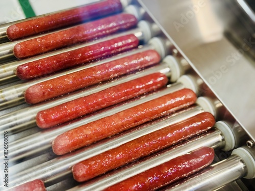 Long delicious hot dogs are sizzling on a roller grill in supermarket indoor, making them the perfect choice for outdoor gatherings and events. Close-up