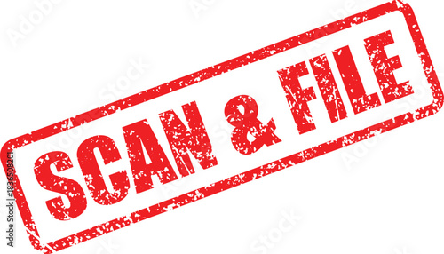 Red rectangular rubber stamp saying scan and file with grunge texture on transparent background
