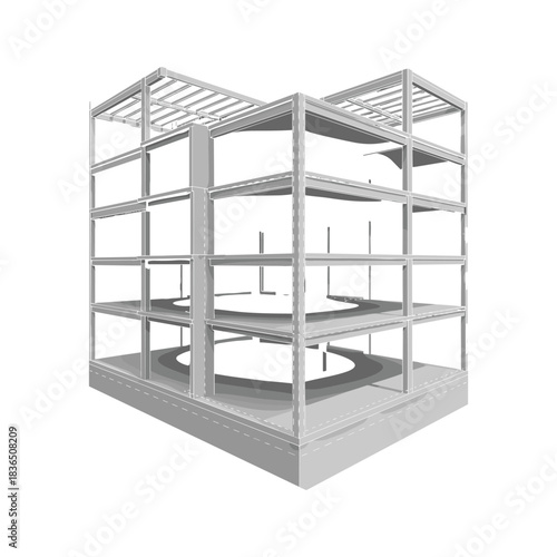 Isometric Grayscale 3D Render of a Multi-story Building Skeleton with Internal Ramps