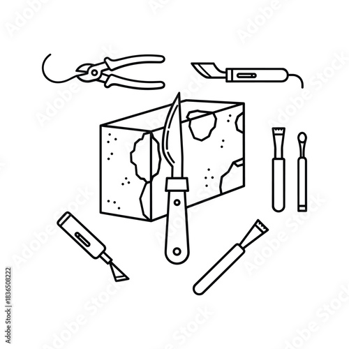 Line Art Icon Set of Carving and Sculpting Tools with Material Block