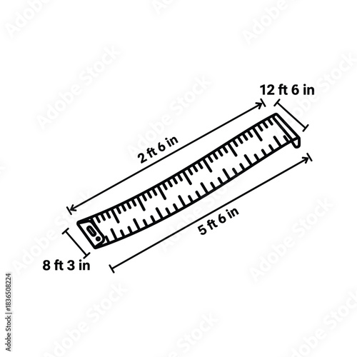 Outline vector illustration of a tape measure with various imperial dimensions indicated, showcasing different lengths in feet and inches around the tool.