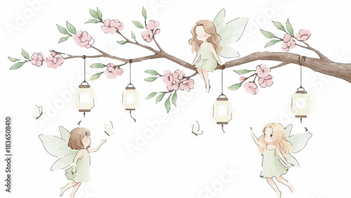 Cute Watercolor Fairies Sitting on a Cherry Blossom Branch with Lanterns and Butterflies Isolated