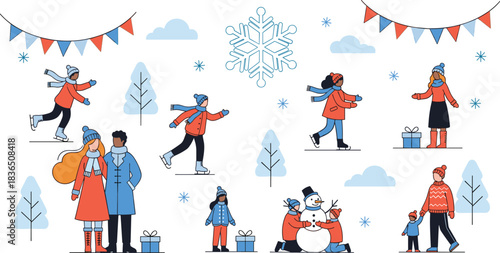 Winter holiday scene illustration, festive people activities, snowman, skating, gifts, bunting, snowflakes, seasonal celebration clipart bundle