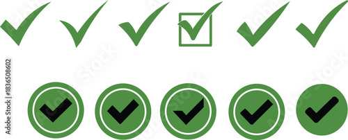 Green checkmark icons in various styles for approval and validation. Vector