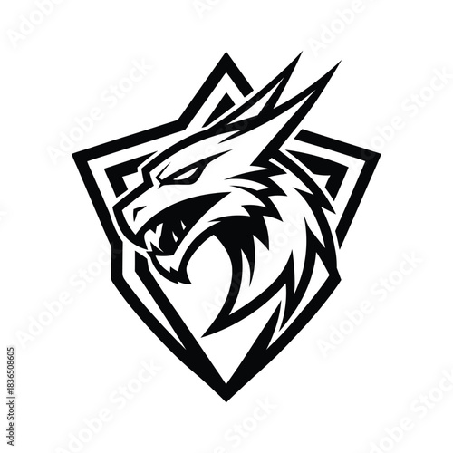 Dragon head mascot logo. Black and white vector illustration of a fierce fantasy beast inside a shield