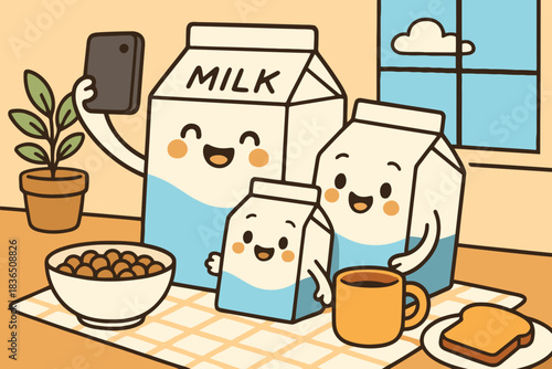 Happy milk cartons taking a selfie at breakfast with cereal and toast