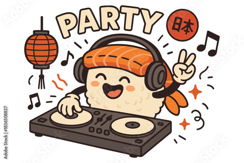 Cute sushi dj playing music at a fun japanese party celebration