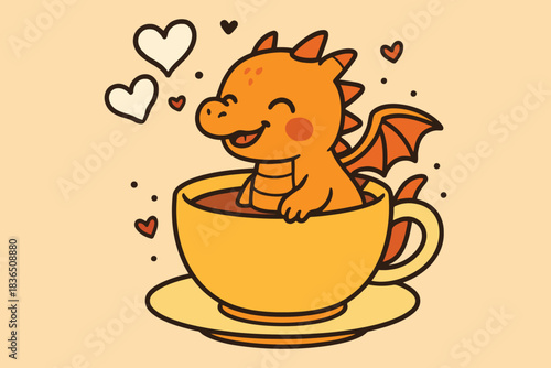 Cute orange dragon sitting in a coffee cup with hearts