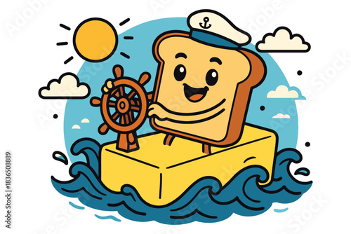 Happy toast captain navigates butter boat on sunny ocean waves