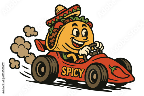 Cartoon taco character driving a fast red race car