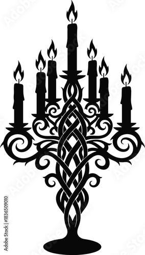 Vintage ornate candelabra silhouette with seven lit candles