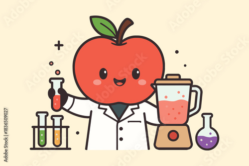 Cute cartoon apple scientist with blender and test tubes in laboratory