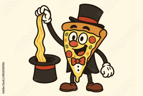 Funny pizza character performing a magic trick pulling cheese from hat