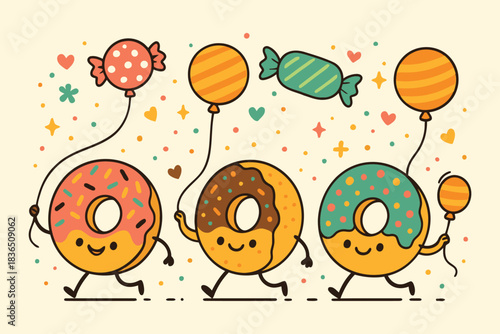 Three happy donuts with balloons and candy celebrating a fun party
