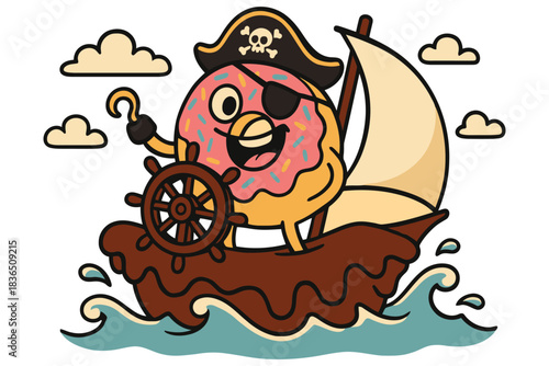 Happy pirate donut sailing a chocolate ship on wavy blue ocean