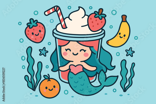 Cute kawaii mermaid in smoothie cup surrounded by fruits and seaweed