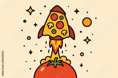 Pizza rocket launching from giant tomato into starry space