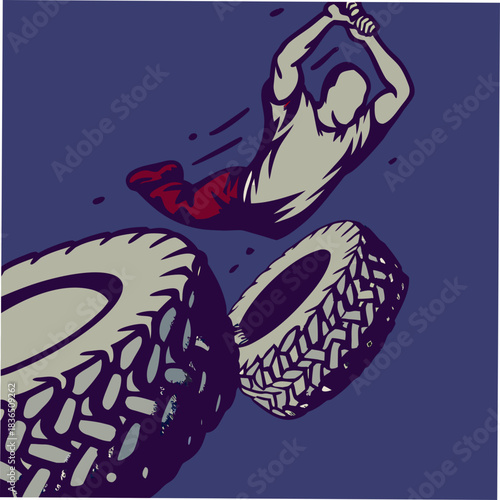Man jumps over tires in dynamic action illustration