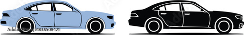 Sedan Car Side View Vector, Modern Sedan Car Illustration: Blue and Black, Side View of Automobile Outline and Filled Design, Car Vector Icons for Ride Sharing or Taxi Service, silhouette, vector.
