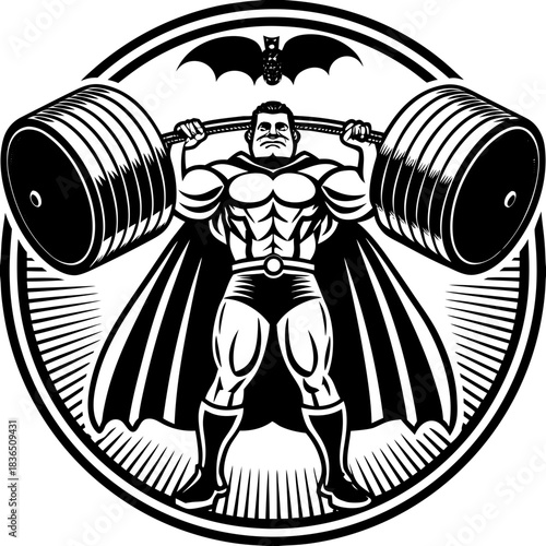Muscular superhero lifting weights with bat symbol